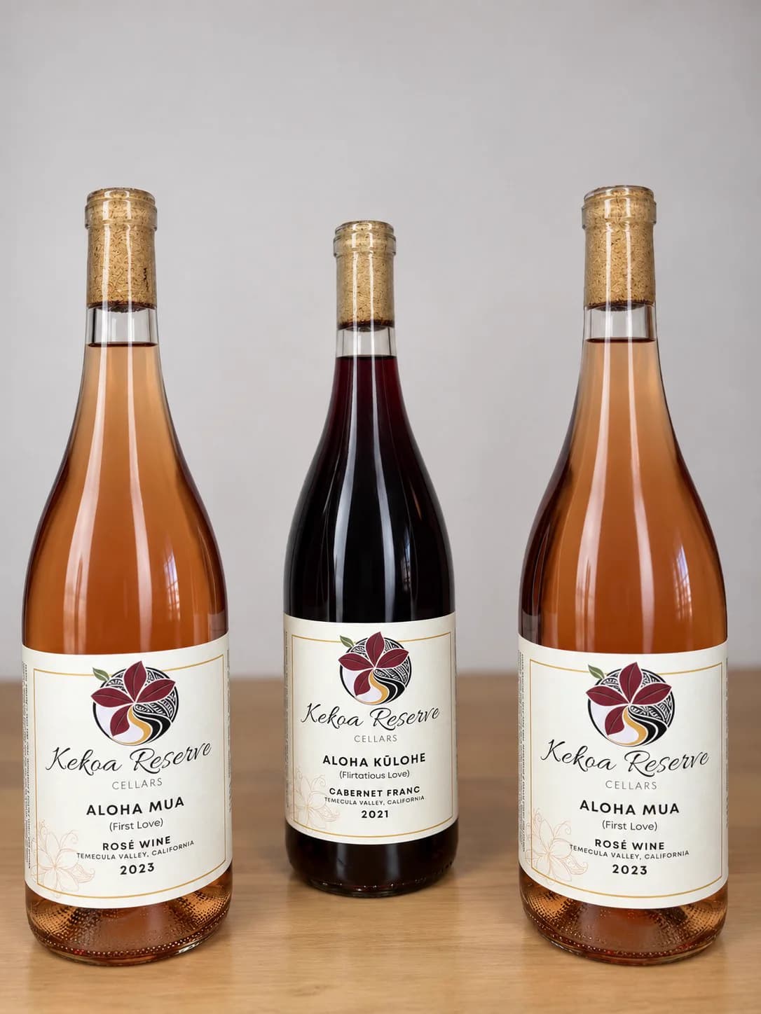 Aloha Mua Rosé and Aloha Kolohe Cabernet Franc bottles